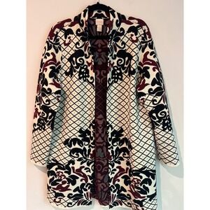 Chicos Burgundy Black Ivory Damask Pattern Knit Open Front Cardigan Sweater SZ 2
